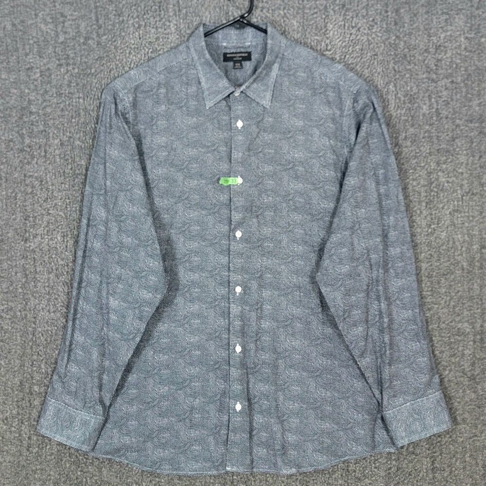 Banana Republic Shirt Mens XXL Blue Polka Dot Camo Print Linen Blend Long Sleeve